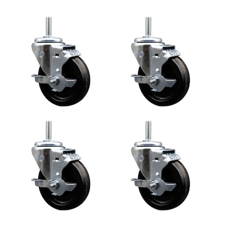Service Caster 4 Inch Phenolic Wheel Swivel 58 Inch Threaded Stem Caster Set with Brake SCC SCC-TS20S414-PHR-TLB-58212-4